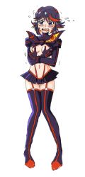 Rule 34 | 10s, 1girl, blue eyes, blush, boots, breasts, kill la kill, matoi ryuuko, microskirt, multicolored hair, revealing clothes, senketsu, short hair, skirt, solo, standing, thigh boots, thighhighs