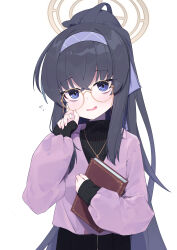 Rule 34 | 1girl, absurdres, black hair, black skirt, black sweater, blue archive, blush, book, fingernails, glasses, hair between eyes, hairband, halo, highres, holding, holding book, jacket, jewelry, ksagi, long hair, long sleeves, looking at viewer, open mouth, pendant, pleated skirt, purple eyes, purple hairband, purple jacket, ribbed sweater, round eyewear, simple background, skirt, solo, sweater, ui (blue archive), white background