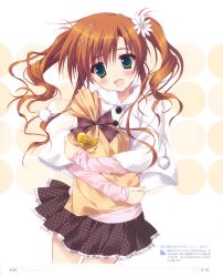 Rule 34 | 1girl, absurdres, blush, brown hair, capelet, fang, flower, gift, green eyes, hair flower, hair ornament, hairclip, hana x hana, highres, holding, long hair, long sleeves, looking at viewer, narumiya hana, official art, open mouth, page number, pleated skirt, pom pom (clothes), ryouka (suzuya), scan, simple background, skirt, smile, solo, twintails