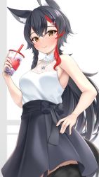 Rule 34 | 1girl, animal ears, bare arms, bare shoulders, black hair, black skirt, black thighhighs, blush, breasts, brown eyes, bubble tea, closed mouth, cowboy shot, crossed bangs, drink, hair ornament, hairclip, hand on own hip, highres, hololive, jewelry, lomocya, looking at viewer, md5 mismatch, medium breasts, multicolored hair, necklace, ookami mio, ookami mio (street), red hair, resolution mismatch, skirt, sleeveless, smile, solo, source larger, streaked hair, thighhighs, virtual youtuber, wolf ears, wolf girl