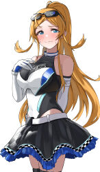 Rule 34 | 1girl, absurdres, ahoge, alternate hairstyle, arm behind back, bare shoulders, belt, black skirt, black thighhighs, blonde hair, blue eyes, blush, breasts, closed mouth, collarbone, covered navel, cowboy shot, dot nose, elbow gloves, eyewear on head, frilled skirt, frills, gloves, hand on own chest, highres, idolmaster, idolmaster million live!, idolmaster million live! theater days, large breasts, long hair, looking at viewer, miniskirt, pdal (pdalhhh), ponytail, race queen, shinomiya karen, shy, simple background, skin tight, skirt, smile, solo, standing, sunglasses, sweatdrop, thighhighs, two-tone leotard, wavy mouth, white background, white belt, white gloves, zettai ryouiki