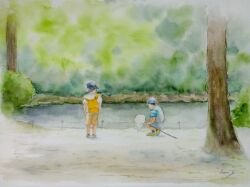 Rule 34 | 2boys, butterfly net, hand net, highres, holding, holding butterfly net, multiple boys, net, original, painting (medium), plant, pond, scenery, signature, traditional media, tree, water, watercolor (medium), yamaji nao