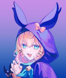Rule 34 | 1girl, animal hood, bell, black eyes, blonde hair, blue eyes, blue nails, blue ribbon, bow, cat, claw pose, colored sclera, fangs, hair between eyes, highres, hood, looking at viewer, lucie (millie parfait), millie parfait, nail polish, nijisanji, nijisanji en, orange sclera, orange sweater, ribbed sweater, ribbon, senmi (vvv 1864), short hair, smile, solo, sweater, virtual youtuber, yellow bow