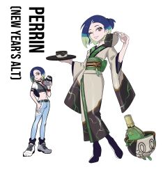 Rule 34 | 1girl, absurdres, alternate costume, blue hair, brown eyes, character name, commentary, creatures (company), english commentary, game freak, green hair, highres, holding, holding plate, holding teapot, japanese clothes, kimono, multicolored hair, new year, nintendo, one eye closed, parted lips, perrin (pokemon), plate, pokemon, pokemon (creature), pokemon sv, reference inset, rhymewithray, short hair, simple background, sinistcha, teapot, teeth, white background