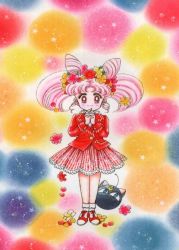 Rule 34 | 1990s (style), 1girl, bishoujo senshi sailor moon, bishoujo senshi sailor moon r, blazer, blush, chibi usa, cone hair bun, double bun, flower, full body, hair bun, hair flower, hair ornament, interlocked fingers, jacket, legs together, looking at viewer, luna-p, official art, own hands clasped, own hands together, pink hair, red eyes, retro artstyle, short twintails, skirt, smile, socks, solo, standing, striped clothes, striped skirt, takeuchi naoko, twintails, vertical-striped clothes, vertical-striped skirt, white socks