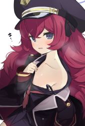 Rule 34 | 1girl, absurdres, armband, bare shoulders, black ribbon, blue archive, blush, bra strap, collarbone, hat, highres, iroha (blue archive), jacket, military, military hat, military jacket, military uniform, necktie, red hair, red necktie, ribbon, safety pin, simple background, solo, sudo-bi, sweat, uniform, white background