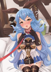 Rule 34 | 1girl, absurdres, animal ears, bare shoulders, bdsm, bed, belt, black gloves, blue hair, blue skirt, blush, breasts, collar, erune, ferry (granblue fantasy), gloves, granblue fantasy, highres, indoors, jewelry, lamp, leash, long hair, looking at viewer, loose belt, medium breasts, open mouth, pm tii (matuko1024), rabbit ears, sideboob, skindentation, skirt, slave, solo, sweat, thighhighs, valentine, wavy hair, yellow eyes