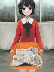Rule 34 | 1girl, absurdres, black bow, black eyes, black hair, bow, closed mouth, dress, highres, holding, holding tray, looking at viewer, newspaper, okura lino, original, red dress, short hair, solo, tray