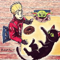 Rule 34 | black cat, blonde hair, cat, chair, chocolate doughnut, crossover, d2071, doughnut, food, grogu, highres, kuroneko (trigun), star wars, table, tagme, the mandalorian, trigun, vash the stampede