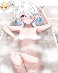 Rule 34 | 1boy, ?, aether (genshin impact), ahoge, arms up, bath, bathing, bathtub, blonde hair, blue eyes, blue hair, breasts, closed mouth, convenient censoring, drop-shaped pupils, elbow rest, eyelashes, eyes visible through hair, feet out of frame, furina (genshin impact), genshin impact, grin, hair between eyes, highres, indoors, knee up, light blue hair, long hair, looking to the side, mismatched pupils, mockingeu, multicolored hair, nude, paimon (genshin impact), parted bangs, partially submerged, small breasts, smile, solo focus, steam, steam censor, stomach, swept bangs, symbol-shaped pupils, thought bubble, two-tone hair, water, wet, white hair
