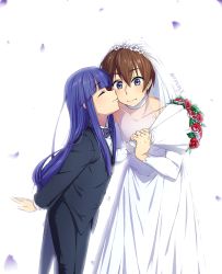 Rule 34 | 1boy, 1girl, absurdres, age difference, artifedex, black suit, blue hair, bouquet, bow, bowtie, bridal veil, bride, brown hair, commentary, commission, crossdressing, dress, embarrassed, english commentary, closed eyes, flat chest, flower, formal, furude rika, groom, halo, height difference, highres, higurashi no naku koro ni, hime cut, husband and wife, kiss, kissing cheek, light blush, long hair, maebara keiichi, petals, purple eyes, purple neckwear, shirt, short hair, signature, simple background, suit, swap, tuxedo, veil, wedding, wedding dress, white background, white shirt