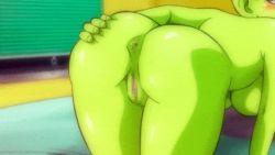 Rule 34 | 1girl, all fours, animated, animated gif, anus, ass, ass grab, backboob, bed, blush, breasts, censored, cheelai, cleft of venus, colored skin, dragon ball, dragon ball super, dragon ball super broly, female focus, from behind, green skin, groin, hanging breasts, indoors, large breasts, legs, legs together, looking back, mosaic censoring, nude, on bed, open mouth, pillow, pink eyes, presenting, pussy, short hair, solo, thighs, white hair, yamamoto doujin