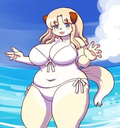 Rule 34 | 1girl, blonde hair, blue eyes, cloud, dog, furry, furry female, kinshun76501, long hair, one-piece swimsuit, open mouth, solo, swimsuit, water, white one-piece swimsuit