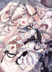 1girl :o animal_ears bell black_ribbon blue_eyes breasts cat cat_ears coco7 diamond_in_eye dot_nose dress fangs flower hair_flower hair_ornament hair_over_one_eye maid neck_bell neck_ribbon open_mouth original ribbon stretching tongue whiskers white_hair x_hair_ornament