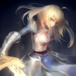Rule 34 | 1girl, ahoge, armor, armored dress, artoria pendragon (all), artoria pendragon (fate), blonde hair, blue dress, dress, fate/stay night, fate (series), floating hair, gauntlets, green eyes, hair between eyes, holding, holding sword, holding weapon, kanmuri (hanyifan30338), long hair, looking at viewer, saber (fate), sketch, solo, standing, sword, weapon