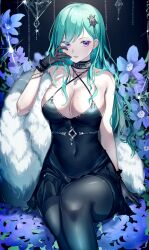 Rule 34 | 1girl, absurdres, black dress, black gloves, black pantyhose, blue flower, blush, breasts, cleavage, commentary, covered navel, criss-cross halter, crystal, dress, earrings, feather boa, feet out of frame, flower, glint, gloves, green hair, hair ornament, halterneck, highres, jewelry, kairi (miry666), large breasts, long hair, looking at viewer, mole, mole on breast, necklace, pantyhose, parted lips, purple eyes, short dress, sitting, smile, solo, swept bangs, taut clothes, taut dress, virtual youtuber, vspo!, wrist cuffs, yakumo beni