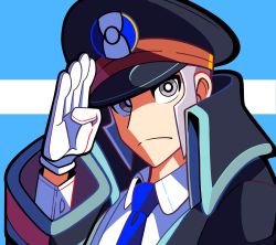 Rule 34 | 1boy, black coat, black hat, blue necktie, closed mouth, coat, collared shirt, commentary, creatures (company), dress shirt, frown, game freak, gloves, grey eyes, grey hair, hand up, hat, high collar, highres, ingo (pokemon), long sideburns, long sleeves, male focus, necktie, nintendo, peaked cap, pokemon, pokemon bw, rei (esprei96), salute, shirt, short hair, sideburns, solo, symbol-only commentary, trench coat, upper body, white gloves, white shirt