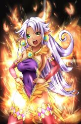 Rule 34 | 10s, 1girl, aqua eyes, breasts, cardfight!! vanguard, crimson beast tamer, detached sleeves, earrings, fire, frills, heterochromia, jewelry, leotard, long hair, looking at viewer, pale moon, pointy ears, solo, tattoo, thighhighs, white hair, yellow eyes
