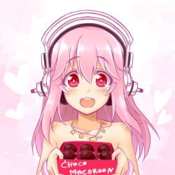 Rule 34 | 1girl, :d, bare shoulders, blush, bracelet, chocolate, collarbone, female focus, food, headphones, heart, jewelry, long hair, looking at viewer, macaron, necklace, nitroplus, okitakung, open mouth, pink background, pink hair, red eyes, smile, solo, super sonico, topless, topless frame, upper body, valentine