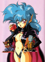 Rule 34 | 1980s (style), absurdres, aqua hair, bikini, breasts, cleavage, elf, food, formal, furry, furry male, highres, holding, holding food, mon-mon (miyazaki kenjin), mon mon, navel, official art, oldschool, pointy ears, retro artstyle, suit, swimsuit, tomato