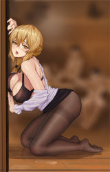 Rule 34 | 1girl, ass, black pantyhose, blouse, blurry, braid, braided ponytail, breasts, brown eyes, brown hair, cleavage, depth of field, feet, from side, goblin slayer!, guild girl (goblin slayer!), hair between eyes, long hair, microskirt, pantyhose, plume, pussy juice, ribbon, shirt, skirt, solo focus, underwear, white shirt, xian yu mo ren, yellow ribbon
