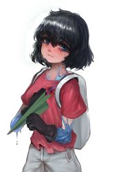 Rule 34 | 10s, 1girl, backpack, bad id, bad pixiv id, bag, black gloves, black hair, blood, blood on clothes, blue eyes, blush, cellien (kemono friends), commentary, crying, crying with eyes open, dokomon, gloves, hair between eyes, hand on own chest, head tilt, holding, kaban (kemono friends), kemono friends, light smile, looking at viewer, messy hair, no headwear, no headwear, paper airplane, red shirt, shirt, short hair, short sleeves, solo, tears, transformation