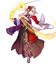 Rule 34 | 1girl, animal ears, black hair, female focus, fire emblem, fire emblem fates, fire emblem heroes, full body, fuzichoco, glowing, grey hair, highres, japanese clothes, kimono, multicolored hair, nintendo, official art, pointy ears, sandals, solo, streaked hair, tabi, tail, transparent background, velouria (fire emblem), white legwear, wolf ears, wolf girl, wolf tail