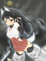 Rule 34 | 1girl, amai nekuta, anabuki tomoko, animal ears, black hair, extra ears, fang, fingerless gloves, full moon, gloves, grey eyes, moon, open mouth, solo, strike witches, strike witches: suomus misfits squadron, striker unit, sword, tail, weapon, wolf ears, wolf tail, world witches series