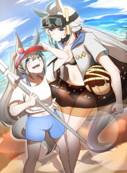 Rule 34 | 2girls, absurdres, ahoge, alternate costume, alternate hairstyle, animal ears, arm up, beach, bikini, black bikini, blue eyes, blue headwear, blue shorts, blue sky, breasts, cleavage, closed mouth, commentary request, ear ornament, feet out of frame, grey hair, highres, holding, holding swim ring, holding umbrella, horse ears, horse girl, horse tail, innertube, janome de omukae, large breasts, long hair, multicolored hair, multiple girls, oguri cap (umamusume), open clothes, open mouth, open shirt, outdoors, ponytail, sand, shirt, short sleeves, shorts, sky, smile, snorkel, streaked hair, swim ring, swimsuit, tail, tamamo cross (umamusume), tied shirt, umamusume, umbrella, visor cap, water, white shirt
