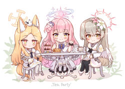 Rule 34 | 3girls, angel wings, animal ear fluff, animal ears, black pantyhose, blonde hair, blue archive, blunt bangs, brown eyes, cake, capelet, chair, chibi, commentary request, cross halo, cup, detached sleeves, dress, feathered wings, flower, food, forehead, fox ears, fox girl, fox tail, frilled dress, frills, full body, grey hair, hair between eyes, hair bun, hair flower, hair ornament, hair scrunchie, halo, high heels, highres, holding, holding cup, long hair, long sleeves, macaron, mika (blue archive), multiple girls, nagisa (blue archive), ohbuya, one side up, orange eyes, pantyhose, parted bangs, pink hair, school uniform, scrunchie, seia (blue archive), serafuku, sidelocks, simple background, single side bun, sitting, sleeves past wrists, smile, strawberry shortcake, swiss roll, table, tail, tea, teacup, teapot, tiered tray, turtleneck, turtleneck dress, waving, white dress, white pantyhose, white wings, wide sleeves, wings, wrist scrunchie, yellow eyes