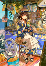 Rule 34 | 1girl, absurdres, anchor symbol, bag, beach, bendy straw, blue kimono, bottle, branch, brown eyes, brown hair, buchi (qooo003), chili pepper, commentary request, cup, day, drinking glass, drinking straw, earrings, food, food-themed earrings, food stand, food themed earrings, fruit, fruit basket, full body, garlic, hanging food, hat, highres, holding, holding cup, ice cream, ice cream float, japanese clothes, jar, jewelry, kimono, lemon, lemon earrings, lemon print, lemon slice, looking at viewer, medium hair, menu board, ocean, original, overskirt, platform footwear, print kimono, sailor collar, sandals, shoulder bag, sitting, skirt, smile, solo, stool, straw hat, watch, white skirt, wristwatch