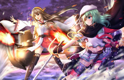 Rule 34 | 2girls, afloat, black legwear, cape, cloud, cloudy sky, commentary request, detached sleeves, eyepatch, green eyes, green hair, grey eyes, grey hair, hair ornament, hairband, hairclip, haruna (kancolle), hat, holding, holding sword, holding weapon, horizon, kantai collection, kiso (kancolle), long hair, machinery, multiple girls, navel, nontraditional miko, ocean, pleated skirt, remodel (kantai collection), school uniform, serafuku, skirt, sky, sword, thighhighs, turret, twilight, utsuki (blackgoat1229), weapon, wind, zettai ryouiki