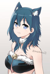 Rule 34 | 1girl, alternate costume, animal ear fluff, animal ears, bandeau, bare shoulders, bell, blue eyes, blue hair, breasts, byleth (female) (fire emblem), byleth (fire emblem), cat ears, commentary request, fang, fang out, fire emblem, fire emblem: three houses, fur collar, fur trim, gradient background, hair between eyes, jingle bell, kemonomimi mode, komurice, large breasts, long hair, looking at viewer, nintendo, revision, skin fang, solo, strapless, tube top, upper body