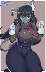 Rule 34 | 1girl, absurdres, ahoge, animal ears, artist name, black hair, blue eyes, body fur, border, breast pocket, breasts, brown background, brown shirt, cat ears, cat girl, cat tail, clenched hands, closed mouth, collared shirt, drill hair, earrings, female focus, furry, furry female, green eyes, hands up, happy, heterochromia, highres, jewelry, kneeling, large breasts, long hair, long sleeves, looking at viewer, multiple tails, necktie, original, outside border, overalls, paw print, pocket, red necktie, ryuusui arumo, shiny clothes, shirt, sidelocks, signature, simple background, single earring, smile, solo, tail, thick thighs, thighs, twin drills, two tails, white border, wide hips