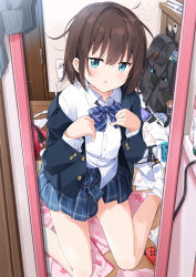 Rule 34 | 1girl, absurdres, backpack, bag, black jacket, blazer, blue bow, blue eyes, blue skirt, blush, bow, brown hair, collared shirt, commentary request, desk, diagonal stripes, door, dress shirt, hair between eyes, highres, indoors, jacket, long sleeves, messy hair, messy room, mirror, mousou (mousou temporary), nintendo switch, no shoes, open clothes, open jacket, original, panties, unworn panties, parted lips, plaid, plaid skirt, pleated skirt, reflection, school uniform, shirt, skirt, sleeves past wrists, socks, solo, striped, striped bow, underwear, white panties, white shirt, white socks, wooden floor