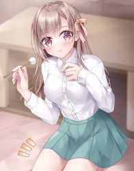 Rule 34 | 1girl, blue skirt, blurry, blurry background, blush, bow, breasts, brown hair, closed mouth, collared shirt, commentary request, depth of field, dress shirt, frilled shirt collar, frills, hair bow, hands up, highres, holding, kohinata hoshimi, long hair, long sleeves, looking at viewer, medium breasts, mimikaki, notice lines, original, pink bow, pleated skirt, red eyes, seiza, shirt, sitting, skirt, sleeves past wrists, smile, solo, white shirt, wooden floor