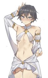 Rule 34 | 1boy, ancient greek clothes, black hair, blue eyes, blush, greco-roman clothes, midriff, nabibutter, navel, original, penis, simple background, solo, testicles, thighs, trap, v, white background