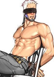 Rule 34 | 1boy, blindfold, highres, jade won, male focus, muscular, overwatch, overwatch 1, restrained, rope, scar, silver hair, sitting, soldier: 76 (overwatch), solo, tagme