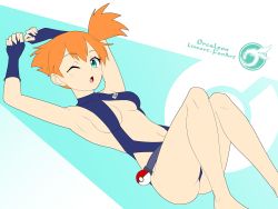 Rule 34 | 1girl, ass, asymmetrical hair, bare shoulders, blush, breast slip, breasts, creatures (company), curvy, game freak, gym leader, hair between eyes, highres, looking at viewer, medium breasts, misty (pokemon), navel, nintendo, one eye closed, orange hair, orcaleon, pokemon, pokemon: the electric tale of pikachu, ponytail, purple eyes, shiny skin, short hair, side ponytail, slingshot swimsuit, solo, swimsuit, wet, wink
