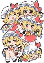 Rule 34 | 5girls, :/, :d, :o, ^ ^, ascot, blonde hair, bow, clone, closed eyes, closed mouth, crystal, d:, flandre scarlet, frilled bow, frills, hat, highres, looking at viewer, medium hair, mob cap, multiple girls, open mouth, ramudia (lamyun), red bow, red eyes, red skirt, red vest, shirt, short sleeves, skirt, skirt set, smile, socks, touhou, vest, white headwear, white shirt, wings, wrist cuffs, yellow ascot
