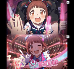 Rule 34 | absurdres, brown eyes, brown hair, concert, gloves, glowstick, hair ornament, hair ribbon, highres, idolmaster, idolmaster million live!, long hair, matsuda arisa, necktie, official art, open mouth, penlight (glowstick), ribbon, smile, twintails