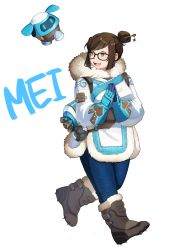 Rule 34 | 1girl, absurdres, beads, belt, belt pouch, black-framed eyewear, blue gloves, blue legwear, boots, brown eyes, brown hair, canister, canteen, character name, coat, drone, etui, fingers together, floating, full body, fur-trimmed boots, fur-trimmed jacket, fur boots, fur coat, fur trim, glasses, gloves, gun, hair bun, hair ornament, hair stick, hands up, highres, jacket, mei (overwatch), open mouth, overwatch, overwatch 1, parka, pouch, print legwear, robot, shoes, short hair, sidelocks, single hair bun, smile, snowball (overwatch), snowflake hair ornament, solo, spiked shoes, spikes, transparent background, utility belt, walking, weapon, winter clothes, winter coat