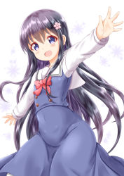 Rule 34 | 1girl, :d, black hair, blue dress, blush, bow, commentary request, dress, flower, hair between eyes, hair flower, hair ornament, highres, long hair, long sleeves, looking at viewer, open mouth, outstretched arms, pink flower, purple eyes, red bow, school uniform, shirosaki hana, shirt, simple background, sleeveless, sleeveless dress, sleeves past wrists, smile, solo, spread arms, very long hair, watashi ni tenshi ga maiorita!, white background, white shirt, xenon (for achieve)