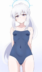 Rule 34 | 1girl, absurdres, arms behind back, bare arms, bare legs, bare shoulders, black one-piece swimsuit, blue archive, blue halo, blush, breasts, casual one-piece swimsuit, closed mouth, covered erect nipples, covered navel, cowboy shot, donutman, grey hair, halo, highres, long hair, looking at viewer, miyako (blue archive), miyako (swimsuit) (blue archive), off-shoulder one-piece swimsuit, off shoulder, official alternate costume, one-piece swimsuit, ponytail, purple eyes, small breasts, solo, swimsuit