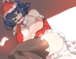 Rule 34 | 10s, 1girl, bare shoulders, black thighhighs, blue eyes, blue hair, blush, breasts, commentary request, covering own mouth, detached sleeves, fur trim, hat, heigani, kantai collection, large breasts, lying, nipples, on back, panties, pantyshot, resized, santa costume, santa hat, sketch, solo, souryuu (kancolle), thighhighs, torn clothes, torn thighhighs, underwear, white panties