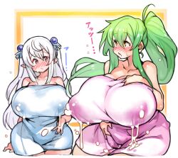 Rule 34 | 2girls, blue towel, blush, breasts, collarbone, curvy, elf, eye contact, female focus, gigantic breasts, green hair, hand on own chest, huge breasts, lactation, lactation through clothes, looking at another, milk, multiple girls, naked towel, original, pink towel, pointy ears, red eyes, sachito, standing, sumi-chan (sachito), thick thighs, thighs, towel, twintails, white hair, wide hips, yellow eyes