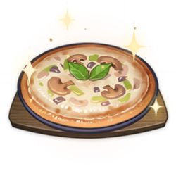 Rule 34 | artist request, commentary, cutting board, english commentary, food, food focus, game cg, garnish, genshin impact, leaf, lowres, mushroom, no humans, official art, pizza, simple background, sparkle, still life, third-party source, transparent background, tray