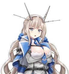 Rule 34 | 1girl, belt, between breasts, braid, breasts, cleavage, crossed arms, french braid, grey eyes, grey hair, headgear, kantai collection, large breasts, long hair, maryland (kancolle), necktie, necktie between breasts, simple background, solo, tk8d32, white background
