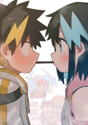 Rule 34 | black hair, blonde hair, blue eyes, blue hair, blush, boned meat, cellphone, clothing cutout, commentary request, crown, fingerless gloves, food, food in mouth, gloves, hat, hetero, highres, holding, holding phone, hood, hoodie, horns, incoming pocky kiss, itoriyo, meat, nervous sweating, on one knee, original, phone, pocky, pocky in mouth, police hat, shoulder cutout, smartphone, steam, sunglasses, sweat, yellow eyes