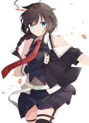 Rule 34 | 1girl, ahoge, black skirt, blue eyes, braid, breasts, brown hair, chest harness, closed mouth, cowboy shot, harness, highres, kantai collection, long hair, looking at viewer, medium breasts, necktie, pleated skirt, red necktie, shakemi (sake mgmgmg), shigure (kancolle), shigure kai san (kancolle), simple background, single braid, skirt, solo, white background